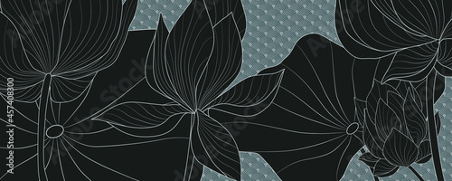 Luxury vector background with black lotus flowers on a blue background in Japanese style.