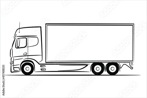 A hand drawn line art of a truck car. Outline Vector truck, lorry, side view. Urban cargo transportation over short distances. Modern flat vector illustration.