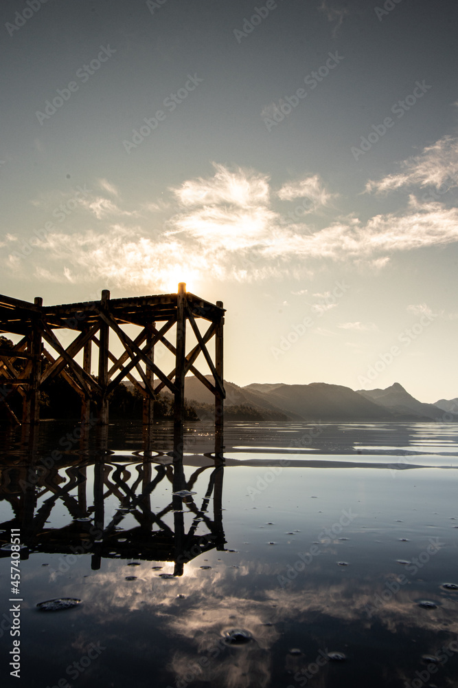 Sunset on Espejo lake beach in Patagonia Argentina, on the way to the 7 lakes.