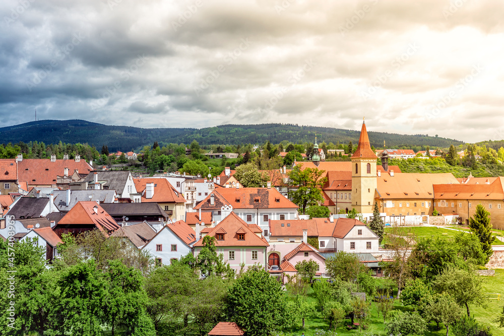 View of the Monastery of the Minorites and old town of Cesky Krumlov. Czech Republic