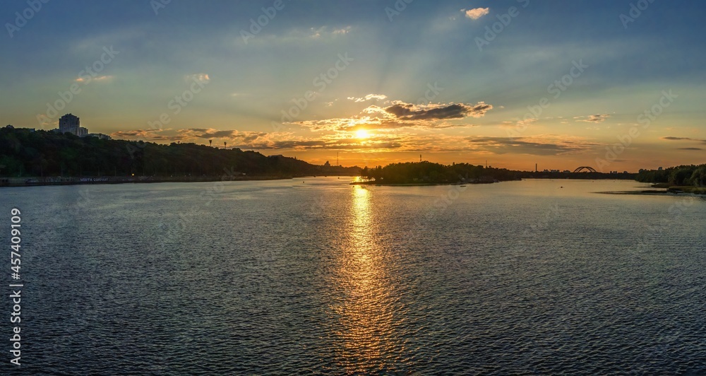 Sunset on the Dnieper river in Kyiv, Ukraine