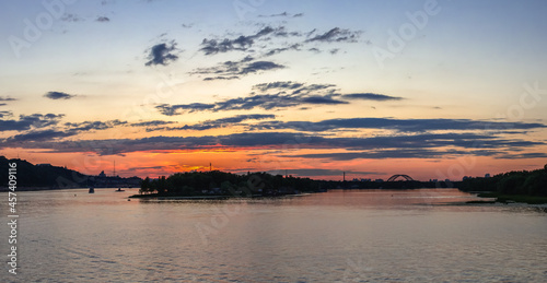 Sunset on the Dnieper river in Kyiv, Ukraine