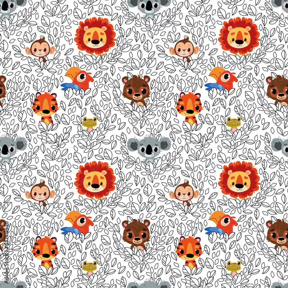 Seamless pattern with wild animals on a white background. Lion, koala, tiger, bear and parrot look out from the bushes. Vector illustration in children's style, drawing by hands. Cute print Seamless pattern with wild animals on a white background. Lion, koala, tiger, bear and parrot look out from the bushes. Vector illustration in children's style, drawing by hands. Cute print