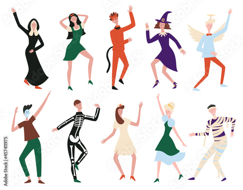 People dancing at the in costumes of Halloween characters. Vector holiday characters