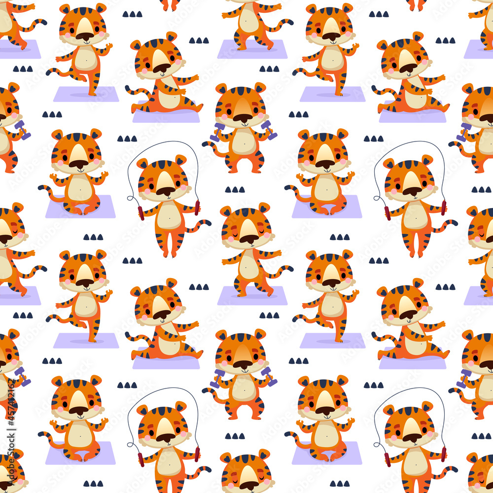 Seamless pattern with a tiger in different poses, which goes in for sports on a yoga mat. Vector art animal in cartoon style. Children s print for textiles, postcards, children s sports school