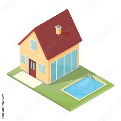 cartoon isometric two story house with pool on the lawn, vector illustration