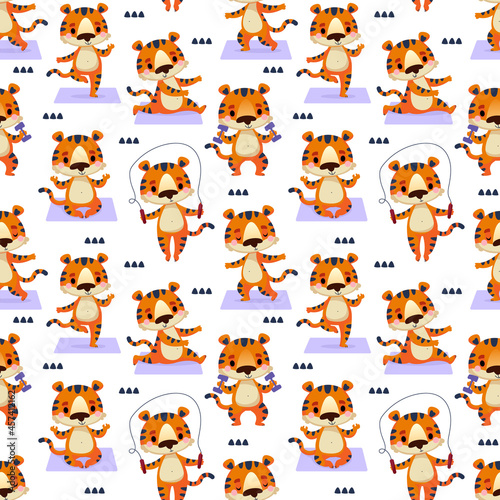 Fototapeta Naklejka Na Ścianę i Meble -  Seamless pattern with a tiger in different poses, which goes in for sports on a yoga mat. Vector art animal in cartoon style. Children s print for textiles, postcards, children s sports school