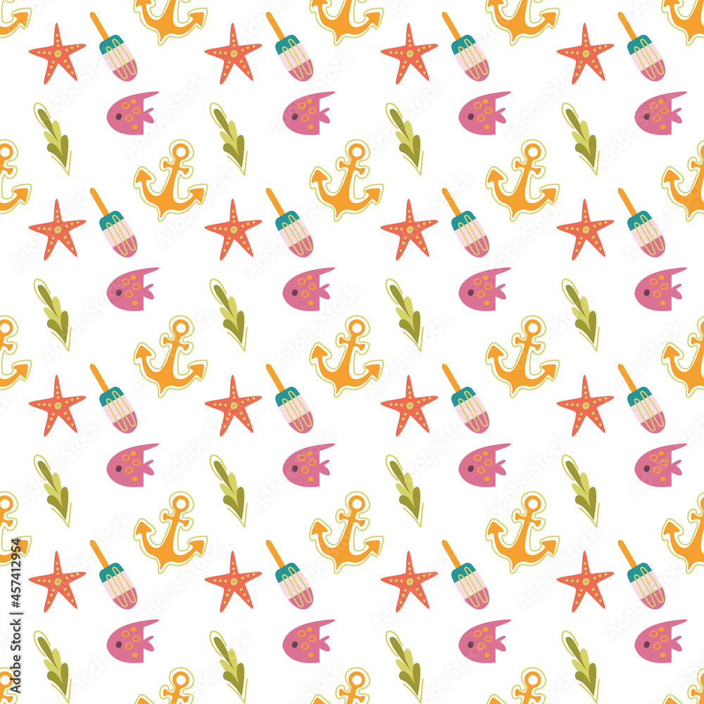 Seamless summer pattern with ice cream, anchor, fish and starfish on a white background. Vector illustration in minimalistic Scandinavian flat style, hand drawing. Print for textiles, print design.