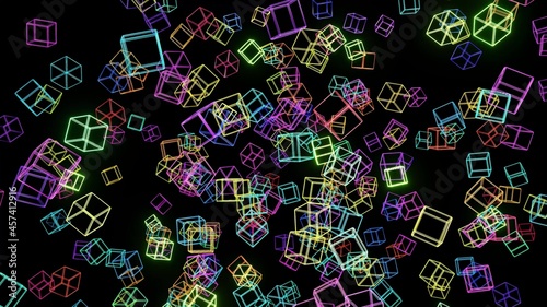 3d abstract simple geometric background with multicolor cubes flash neon light. Cubes fly in the air. Creative simple motion design background with 3d objects. 3d render