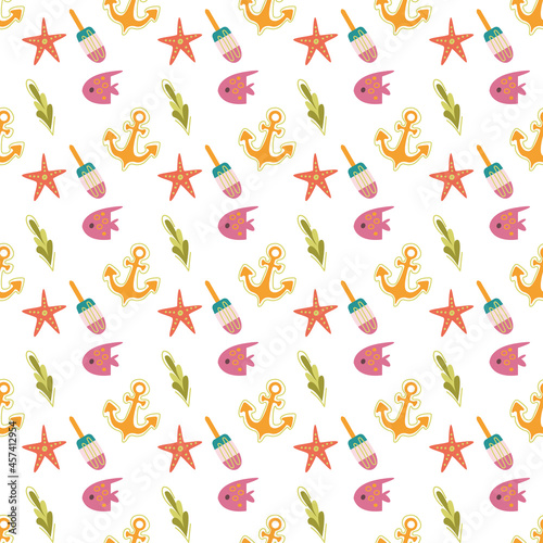 Seamless summer pattern with ice cream  anchor  fish and starfish on a white background. Vector illustration in minimalistic Scandinavian flat style  hand drawing. Print for textiles  print design.