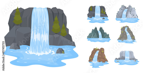 Set waterfall, landscapes with mountains and trees