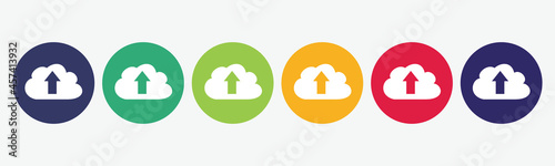 Vector illustration with 6 circles set in various colors and upload icon.