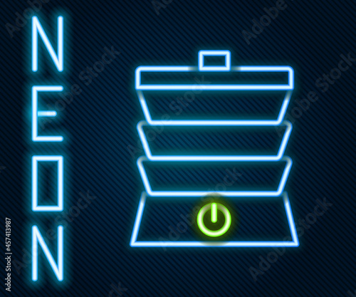 Glowing neon line Slow cooker icon isolated on black background. Electric pan. Colorful outline concept. Vector
