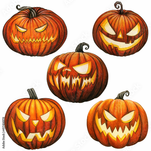 Watercolor glowing carved pumpkins