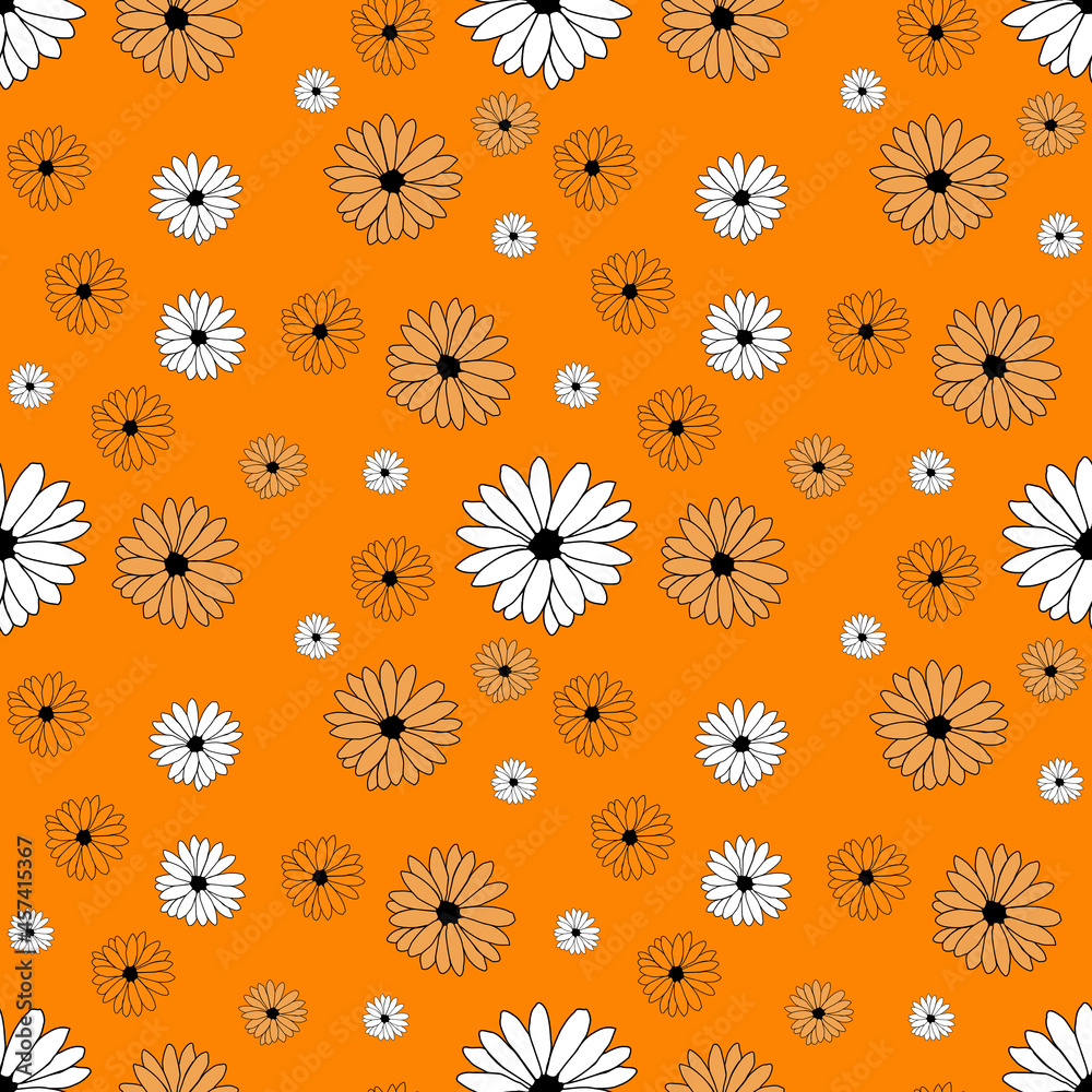 Seamless background with white flower doodles, orange background. Luxury pattern for creating textiles, wallpaper, paper. Vintage. Romantic floral Illustration Seamless background with white flower doodles, orange background. Luxury pattern for creating textiles, wallpaper, paper. Vintage. Romantic floral Illustration