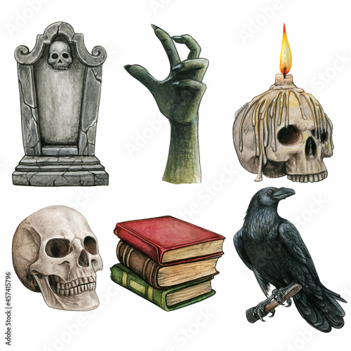 Halloween spooky hand drawn watercolor icon set