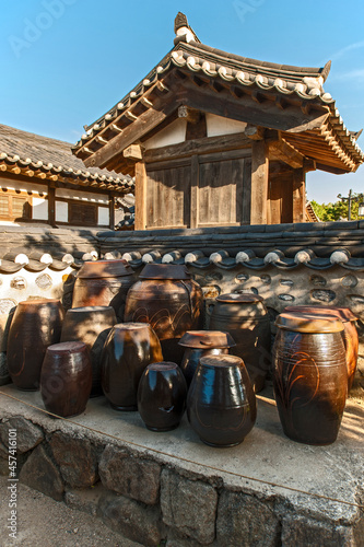 Kimchi pots at Hanok open air museum in Seoul photo