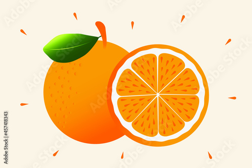 Tropical fruit orange with a leaf and a cut wedge. Vector.