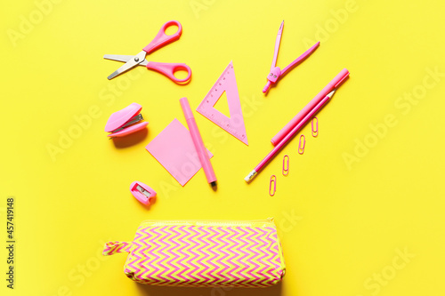 Wallpaper Mural Pencil case and stationery on yellow background Torontodigital.ca