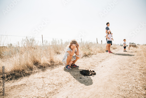 Little girl looking at horse poop while on a nature walk photo