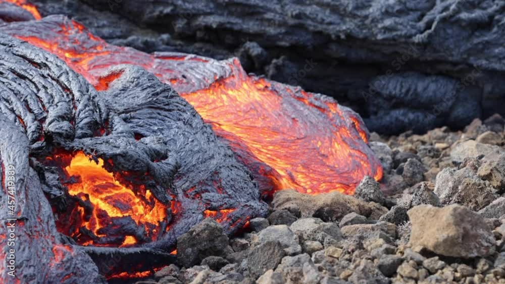 Lava flowing from active volcano in Iceland