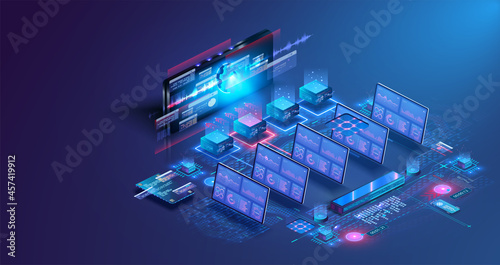 Big data analytics, computing in data center. Monitor with data about system files. Data transmission technology. Monitoring and testing of the digital process. Vector illustration isometric style