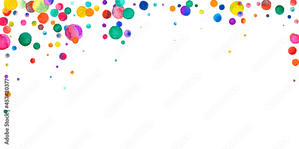 Watercolor confetti on white background. Alive rainbow colored dots. Happy celebration wide colorful bright card. Ravishing hand painted confetti.