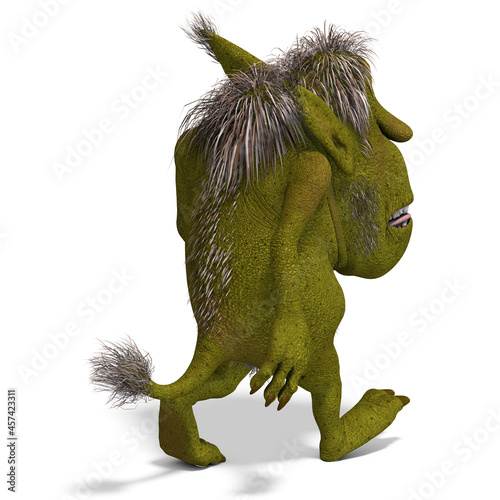 3D-illustration of a cute and leaving cartoon troll over white