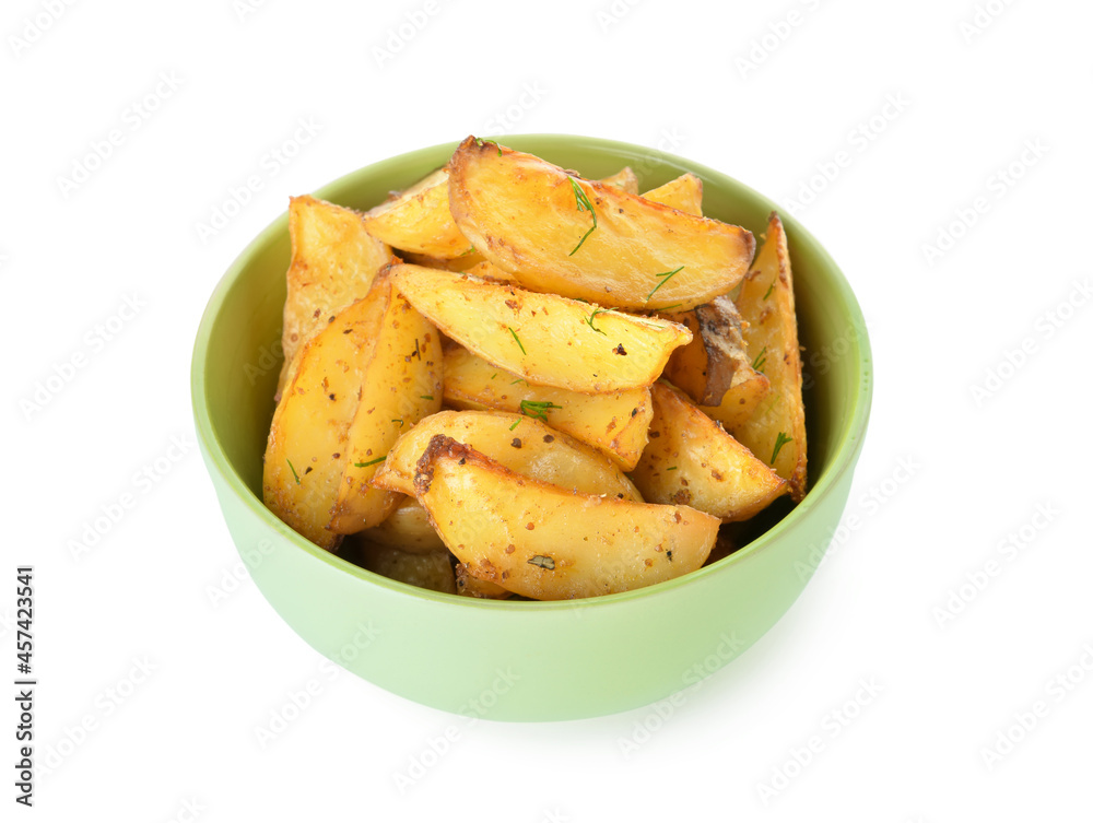 Bowl with tasty baked potato on white background Bowl with tasty baked potato on white background
