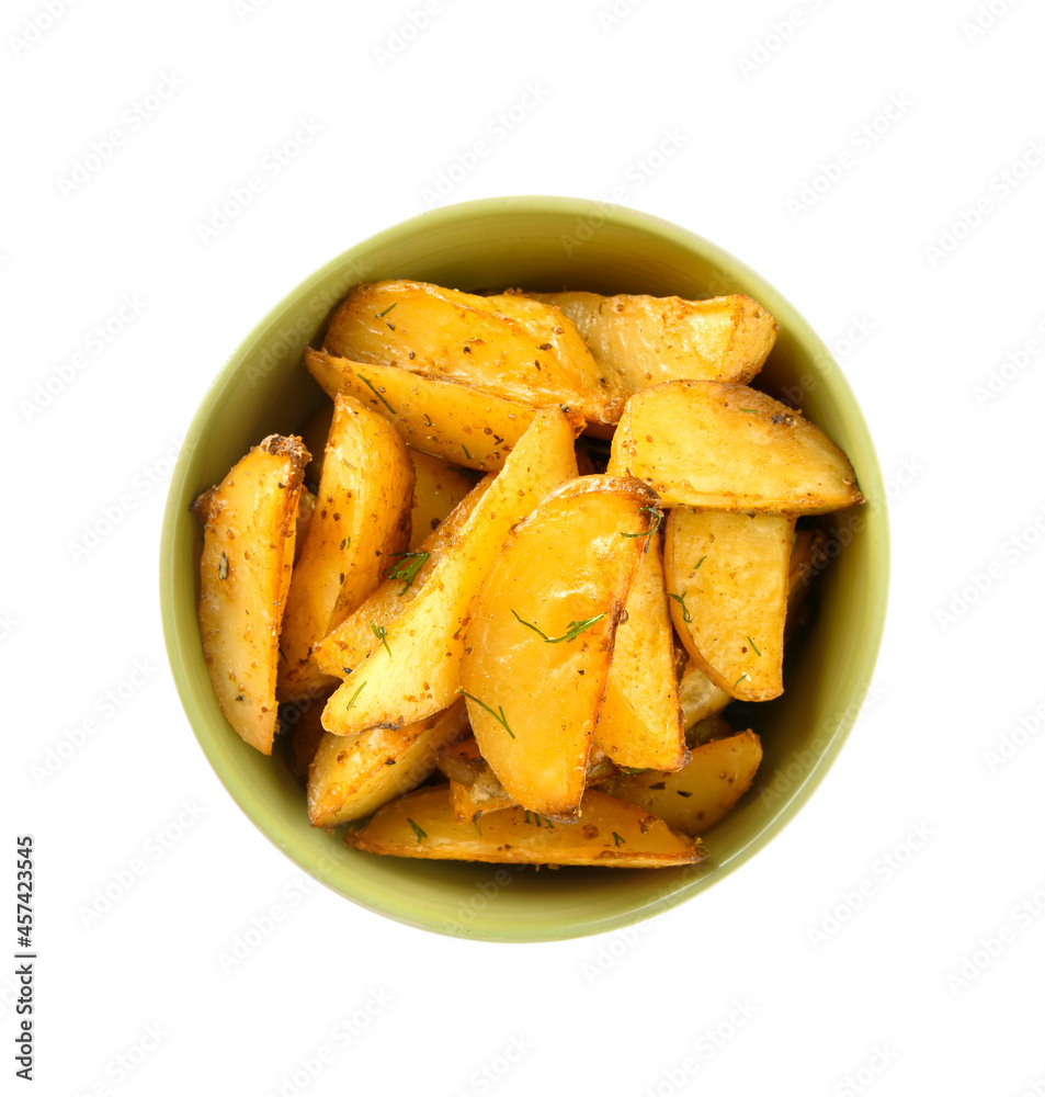 Bowl with tasty baked potato on white background Bowl with tasty baked potato on white background