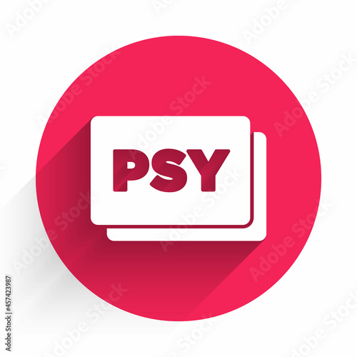 White Psychology icon isolated with long shadow. Psi symbol. Mental health concept, psychoanalysis analysis and psychotherapy. Red circle button. Vector