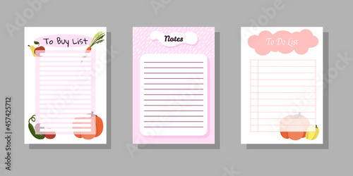 Set of to do and to buy lists with illustrations of vegitables. Template for agenda, schedule, planners, checklists, notebooks, cards.