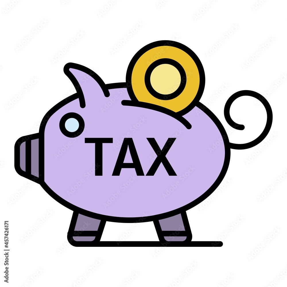 Piggy bank tax icon. Outline piggy bank tax vector icon color flat isolated on white