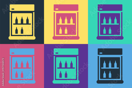 Pop art Commercial refrigerator to store drinks icon isolated on color background. Perishables for store or supermarket. Vector