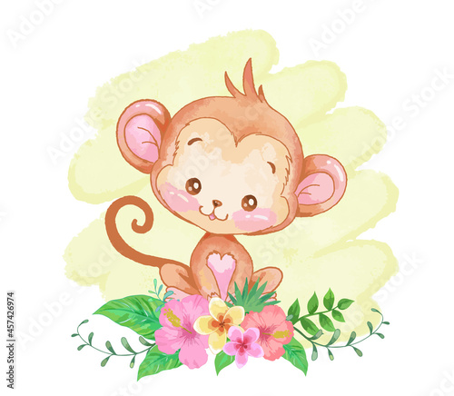 Baby monkey with tropical flowers vector illustration. Watercolor painting.