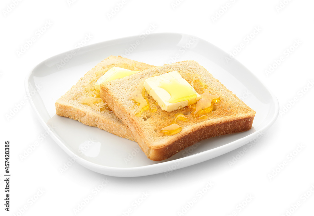 Plate with delicious toasted bread with honey and butter on white background Plate with delicious toasted bread with honey and butter on white background