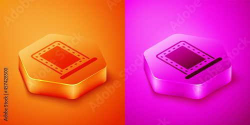 Isometric Makeup mirror with lights icon isolated on orange and pink background. Hexagon button. Vector