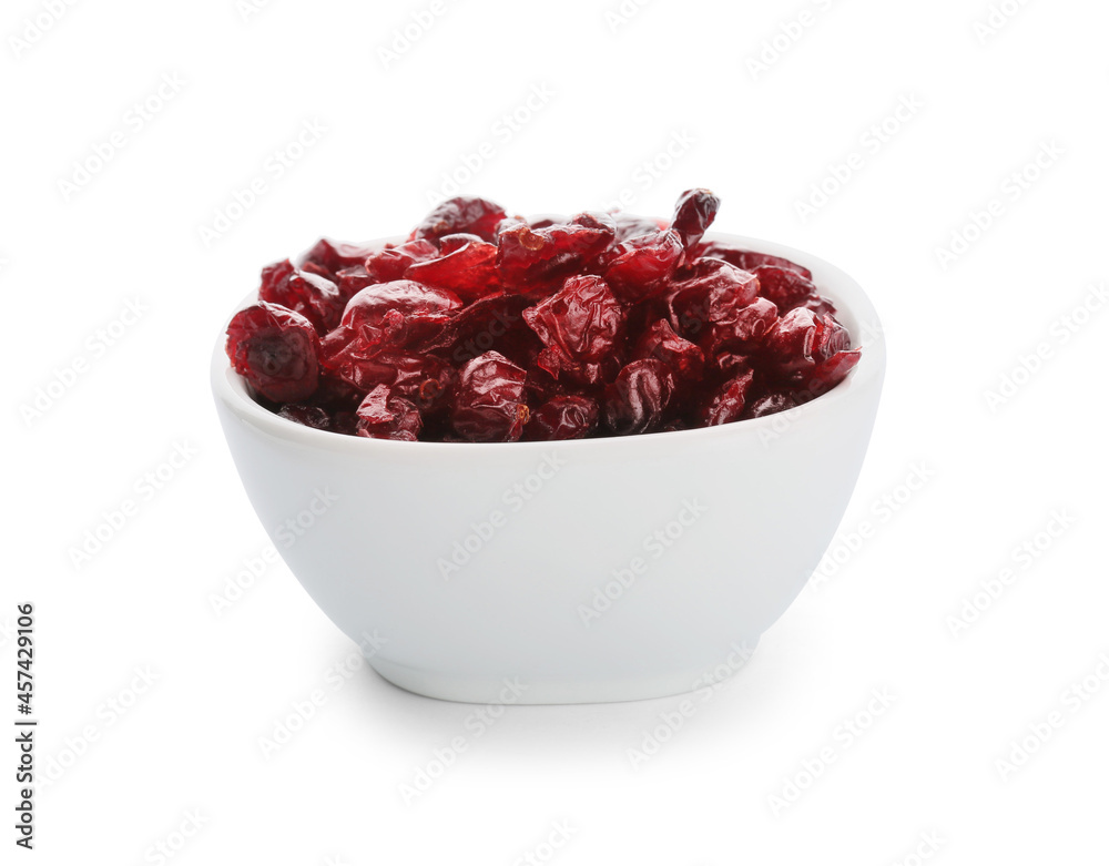 Bowl with tasty dried cranberries on white background Bowl with tasty dried cranberries on white background