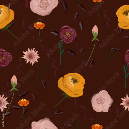 Fototapeta Naklejka Na Ścianę i Meble -  Seamless pattern with flowers and leaves. The composition for the design of the fabric. An illustration for a holiday, a party and invitations. Decoration for the interior. Autumn drawing.
