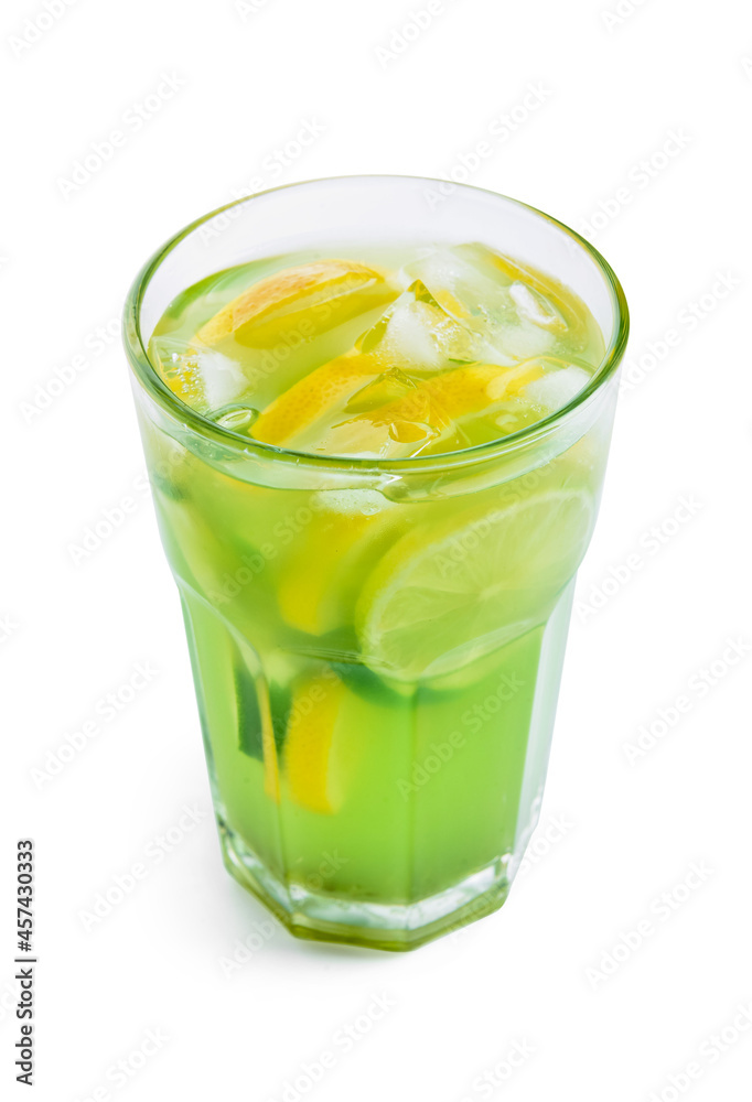 Glass with tasty lemonade on white background Glass with tasty lemonade on white background