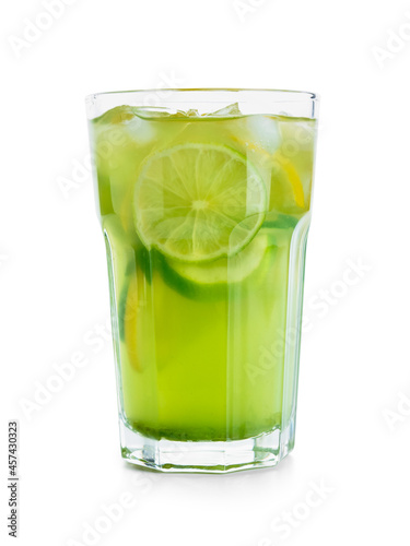 Glass with tasty lemonade on white background
