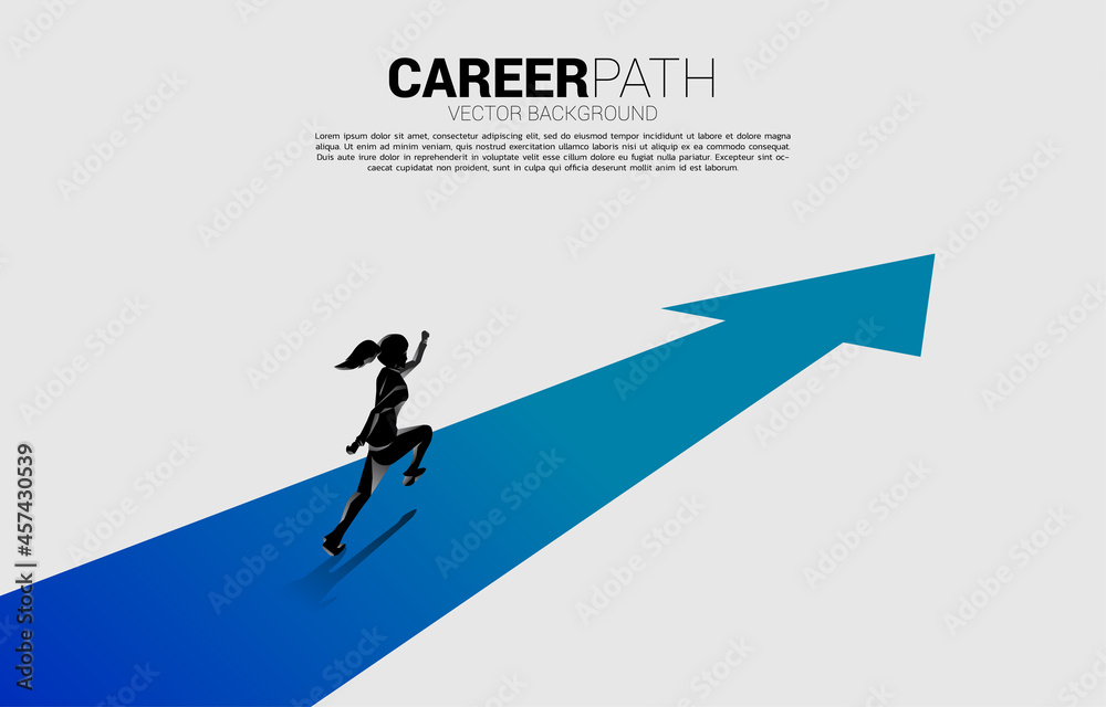 Silhouette of businesswoman running on forward arrow. Concept of people ready to start career and business