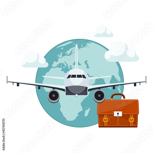 Business travel illustration. Suitcase and airplane icon. Flat vector