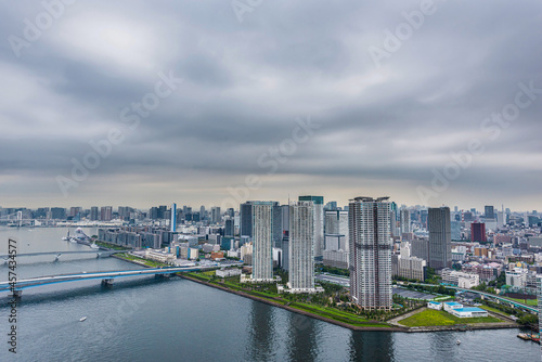 豊洲から見た東京の都市風景 Tokyo cityscape with cloudy sky.