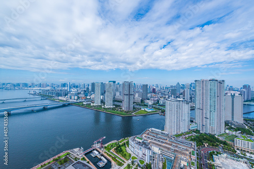朝の豊洲から見た都市風景 Tokyo city skyline , Japan.
