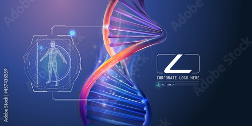 DNA spiral with abstract corporate infographics about human health research.