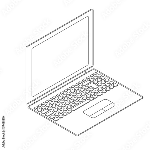 Laptop isometric sketch. Linear style. The display, keyboard and touchpad.