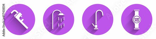 Set Pipe adjustable wrench, Shower, Water tap and Water meter icon with long shadow. Vector