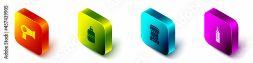 Set Isometric Hair dryer, Perfume, Antiperspirant deodorant roll and Cream lotion cosmetic tube icon. Vector