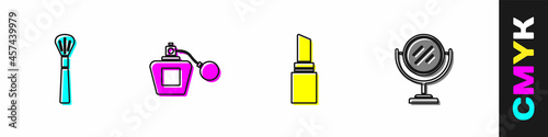 Set Makeup brush, Perfume, Lipstick and Round makeup mirror icon. Vector